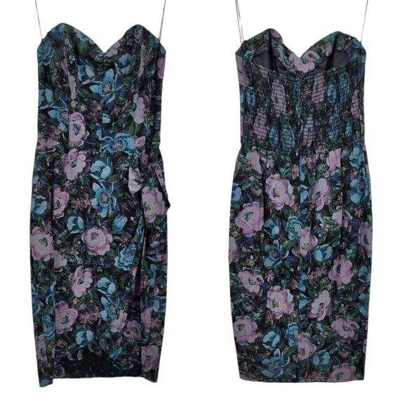 Vtg 80's Womens Dress Set Strapless Smocked Sweetheart Faux Wrap Floral Blk XS - Picture 3 of 13